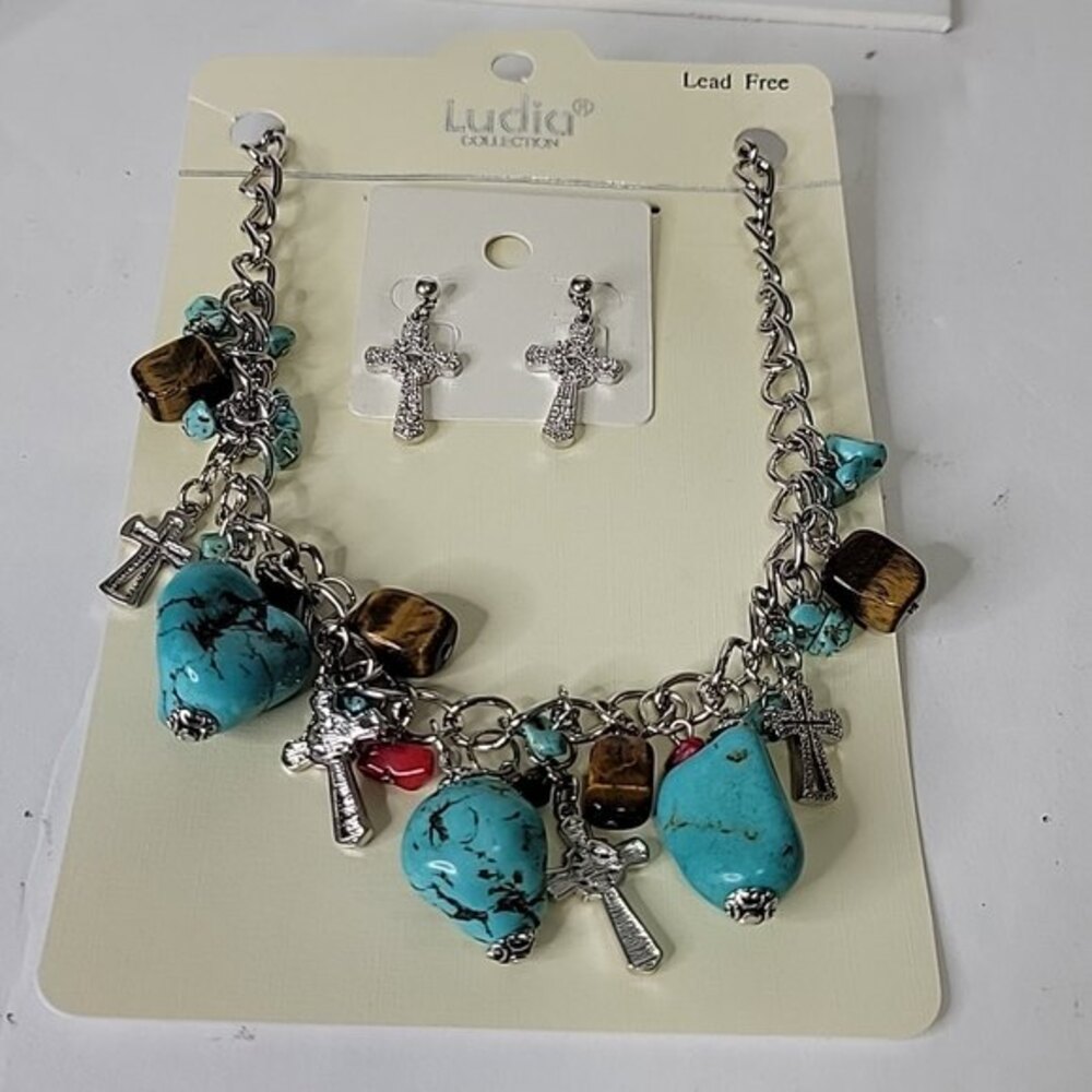 Ludia Southwestern Necklace Set Earring  turquoise silver charm necklace *